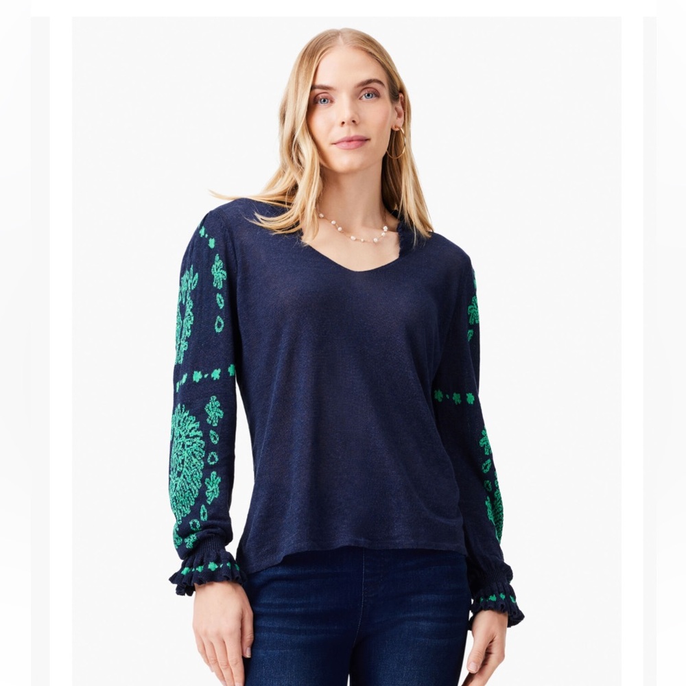 NIC+ZOE Navy Sweater with Green Embroidered Sleeves